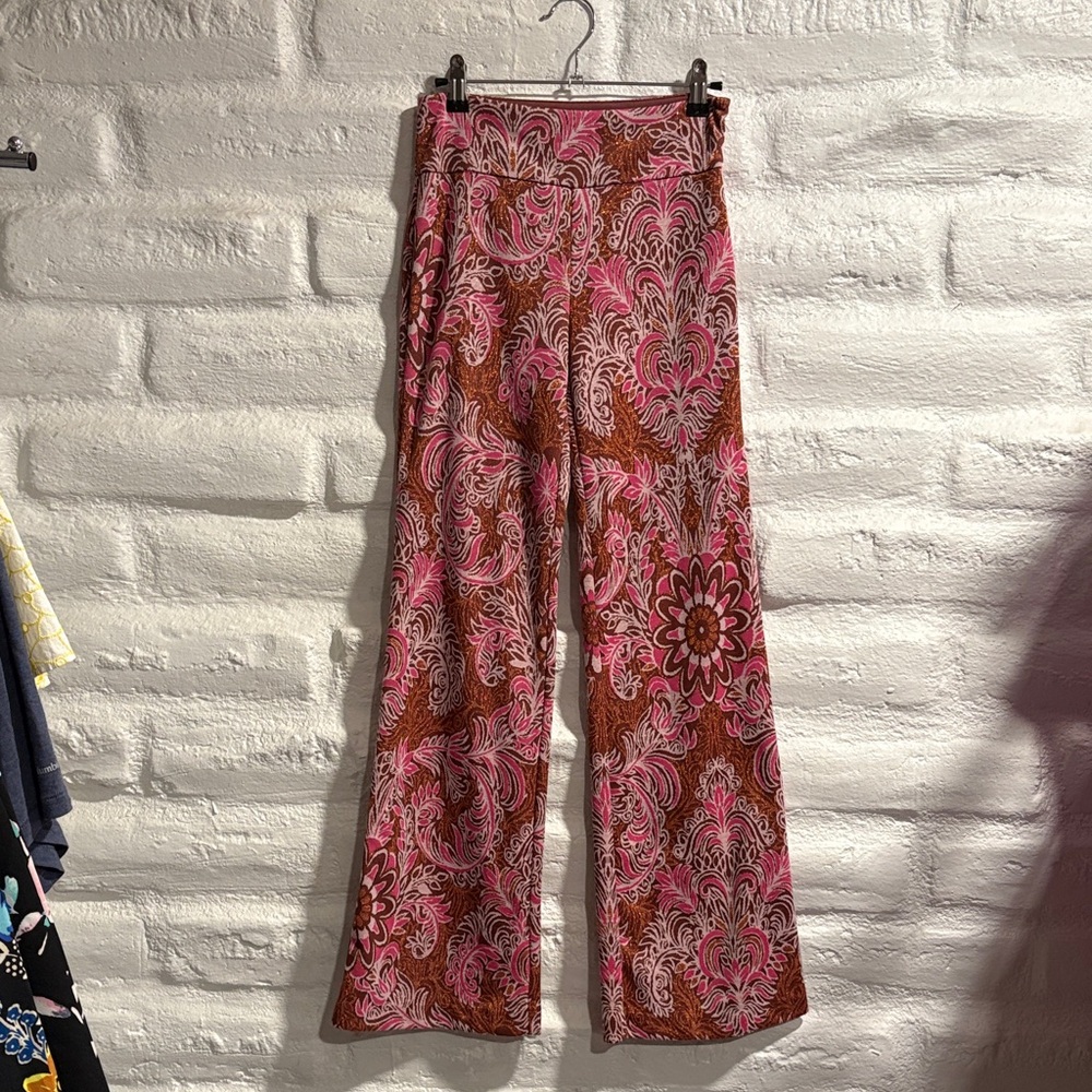 Anthropologie Maeve Pink Bronze Metallic Floral Paisley Wide Leg Flare Pants. - Picture 2 of 10